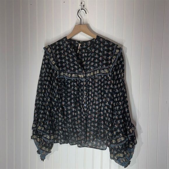 Free People M Floral Ruffle Peasant Blouse Boho Cottagecore Prairie Cotton Top - Picture 1 of 9